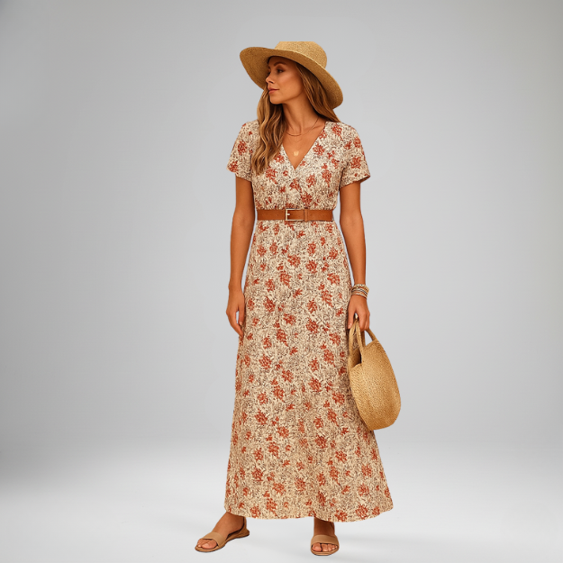 Milou | Women's V-Neck Maxi Dress with Belt